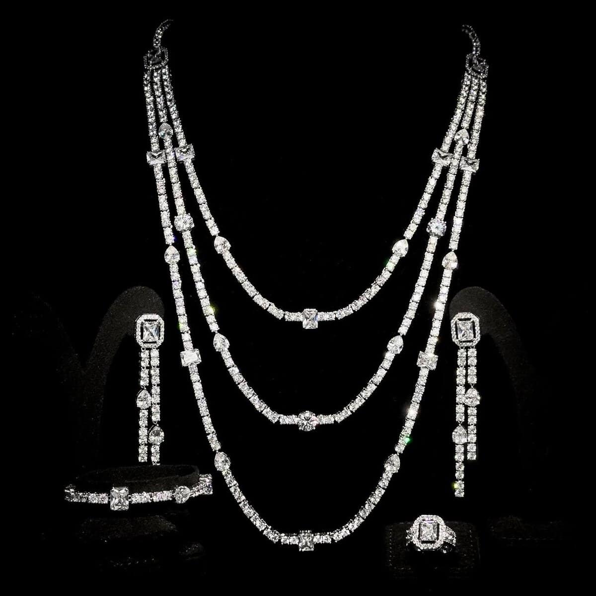 Omnia Layara White Long Chain Full Set with Triple-Layer Necklace in High-Quality Zircon Stone Rhodium Plated - OMNIASTORES KSA