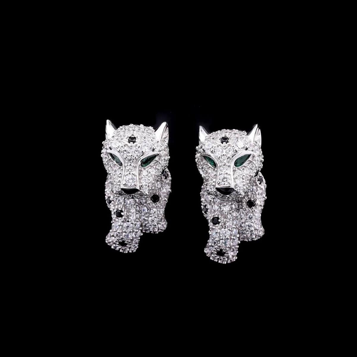 Omnia Salma Panther Design Earrings with Emerald Accents in 92.5 Silver and High-Quality Simulated Diamonds - OMNIASTORES UAE