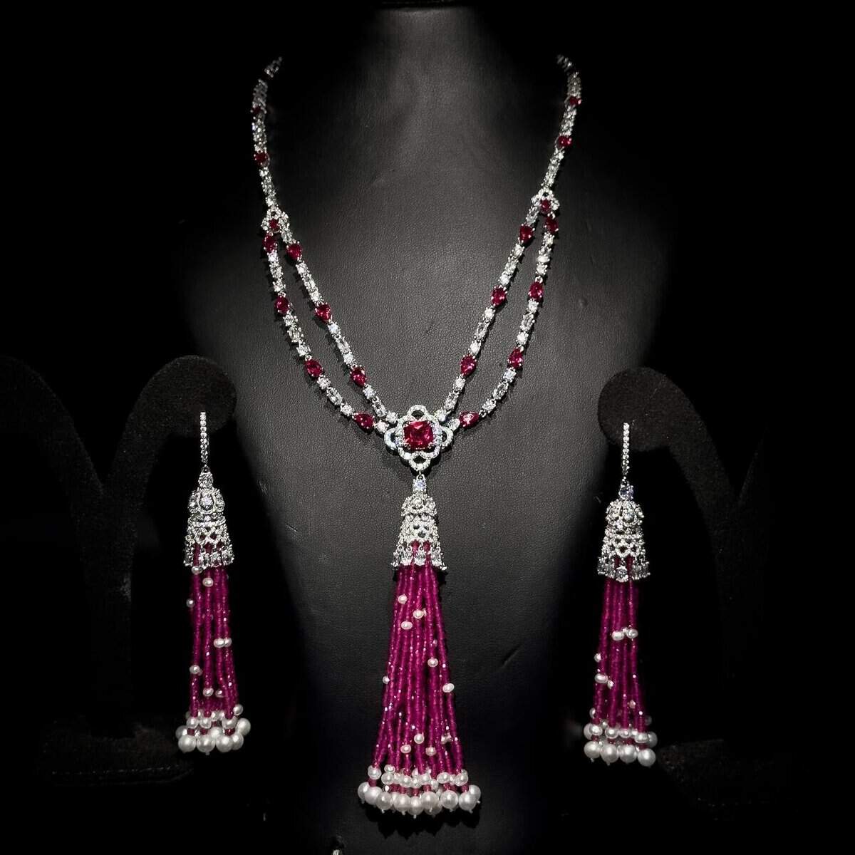 Omnia Mariella Ruby Tassel Necklace and Earring Set in High-Quality Simulated Diamonds with Pearl Accents - OMNIASTORES UAE