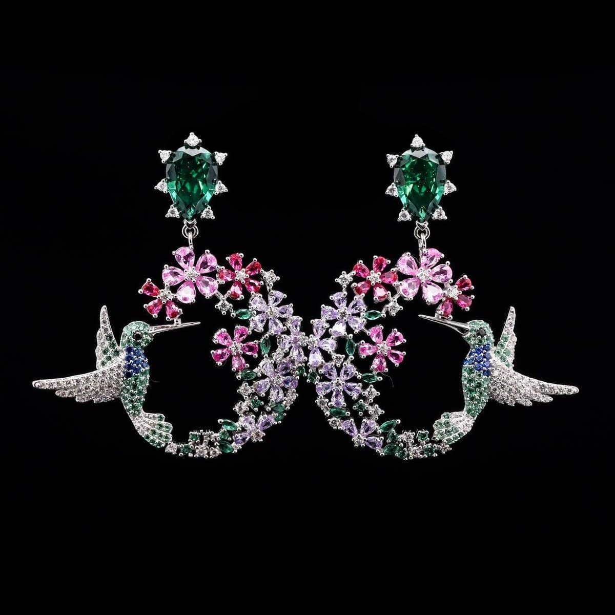 Omnia Garden Bloom Earrings with Multicolor Floral Design and Green Teardrop Stones in 92.5 Silver - OMNIASTORES UAE