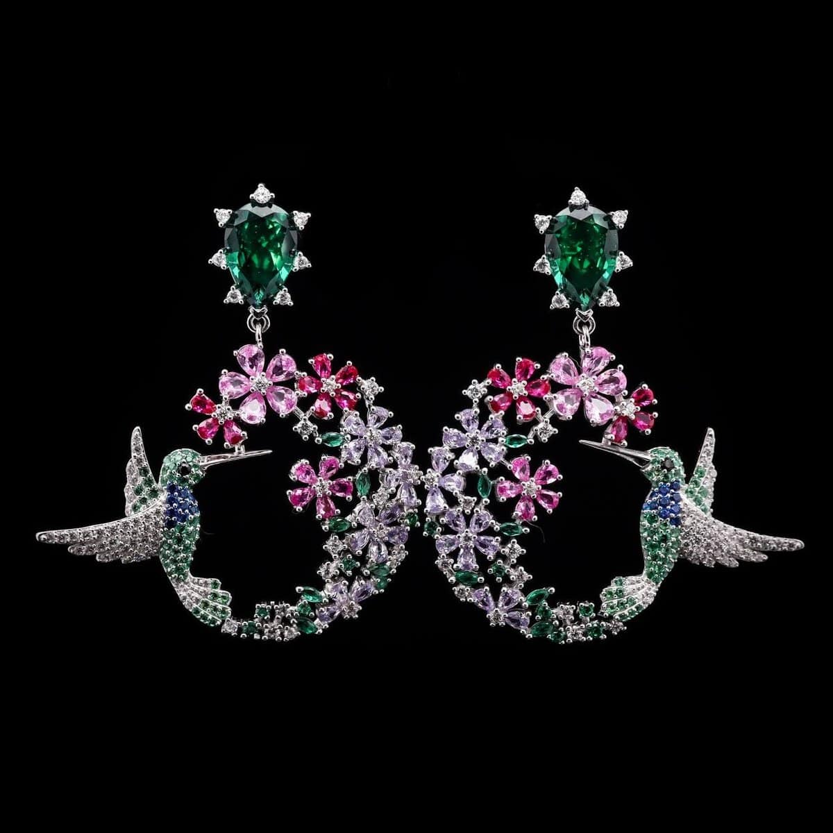 Omnia Garden Bloom Earrings with Multicolor Floral Design and Green Teardrop Stones in 92.5 Silver - OMNIASTORES UAE
