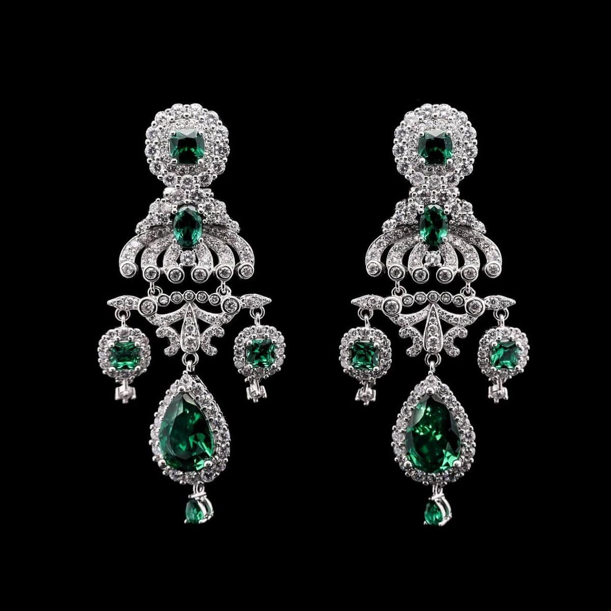 Omnia Amani Chandelier Earrings with Emerald Green Simulated Diamonds in 92.5 Silver - OMNIASTORES UAE