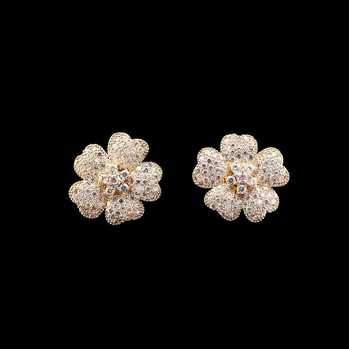 Omnia Golden Floral Earrings with High-Quality Zircon Stones in Rhodium Plated