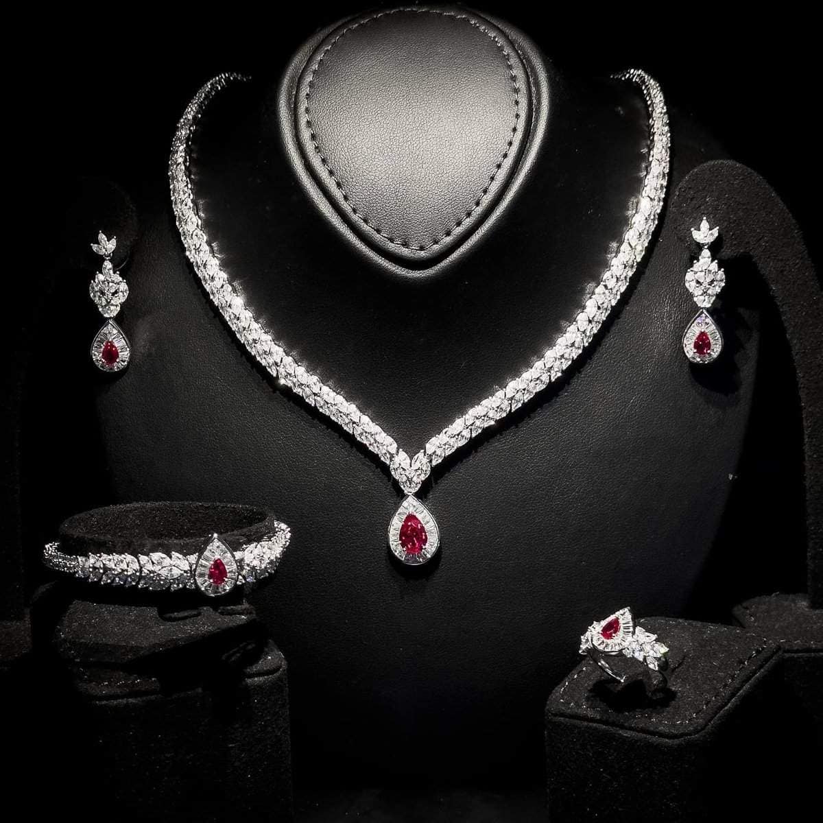 Omnia Aamira Teardrop-Design Bridal Maroon Full Set with High-Quality Zircon Stones in Rhodium-Plated Finish - OMNIASTORES UAE