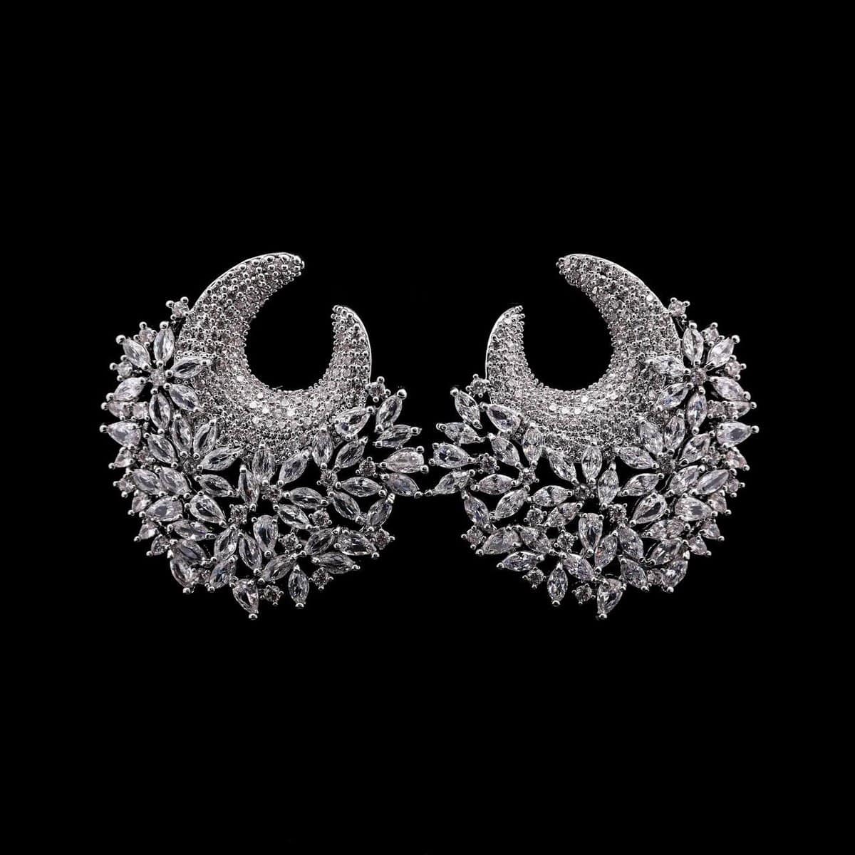 Omnia Layla Pure White Floral Crescent Hoop Earrings with Zircon Accents in High Quality Zircon Stone Rhodium Plated - OMNIASTORES UAE