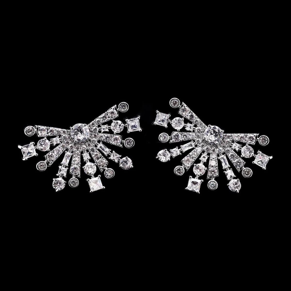 Omnia Zara Radiant Fan Design Earrings with White Zircon Stones in High-Quality Rhodium Plated - OMNIASTORES UAE