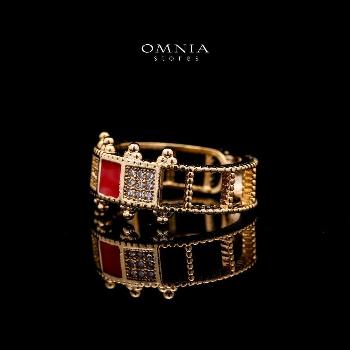 Omnia Noor Gold-Plated Bracelet and Ring Set with Red Square-Cut and Round-Cut High-Quality Zircon Stones in Elegant Design - OMNIASTORES UAE