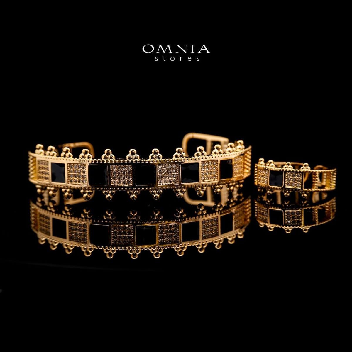 Omnia Noor Gold-Plated Bracelet and Ring Set with Black Square-Cut and Round-Cut High-Quality Zircon Stones in Elegant Design - OMNIASTORES UAE