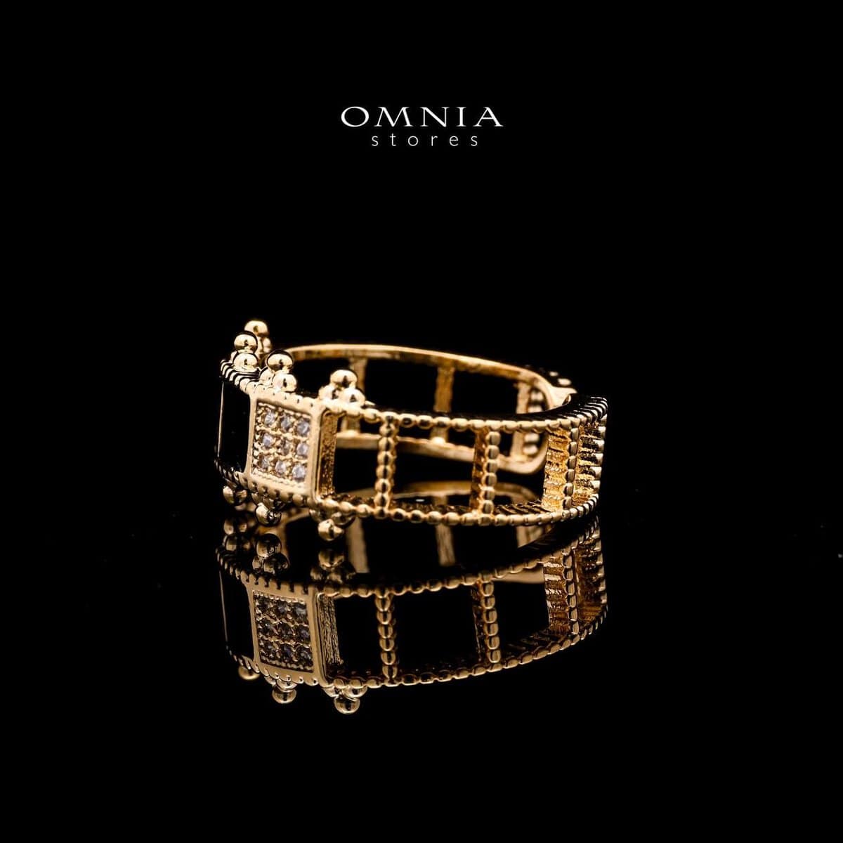 Omnia Noor Gold-Plated Bracelet and Ring Set with Black Square-Cut and Round-Cut High-Quality Zircon Stones in Elegant Design - OMNIASTORES UAE