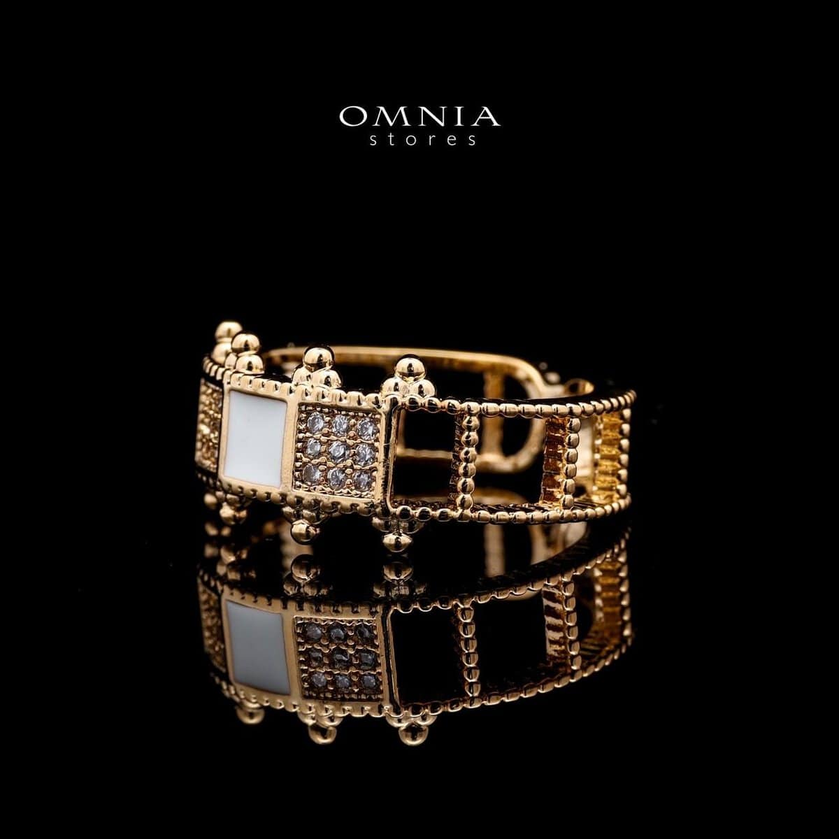 Omnia Noor Gold-Plated Bracelet and Ring Set with White Square-Cut and Round-Cut High-Quality Zircon Stones in Elegant Design - OMNIASTORES UAE