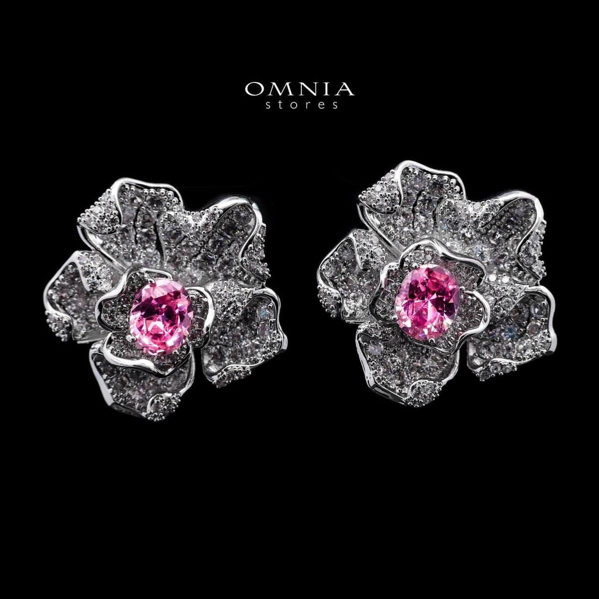 Omnia Silver Floral Stud Earrings with Oval-Cut Pink Center Stone & Pave-Set Simulated Diamonds in 92.5 Silver - OMNIASTORES UAE