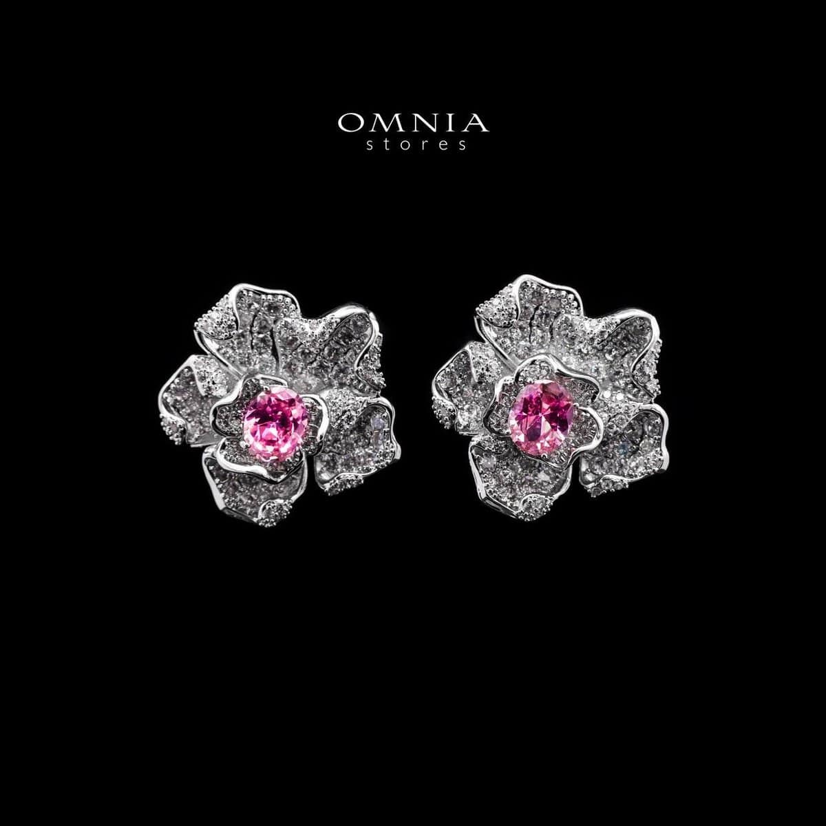 Omnia Silver Floral Stud Earrings with Oval-Cut Pink Center Stone & Pave-Set Simulated Diamonds in 92.5 Silver - OMNIASTORES UAE