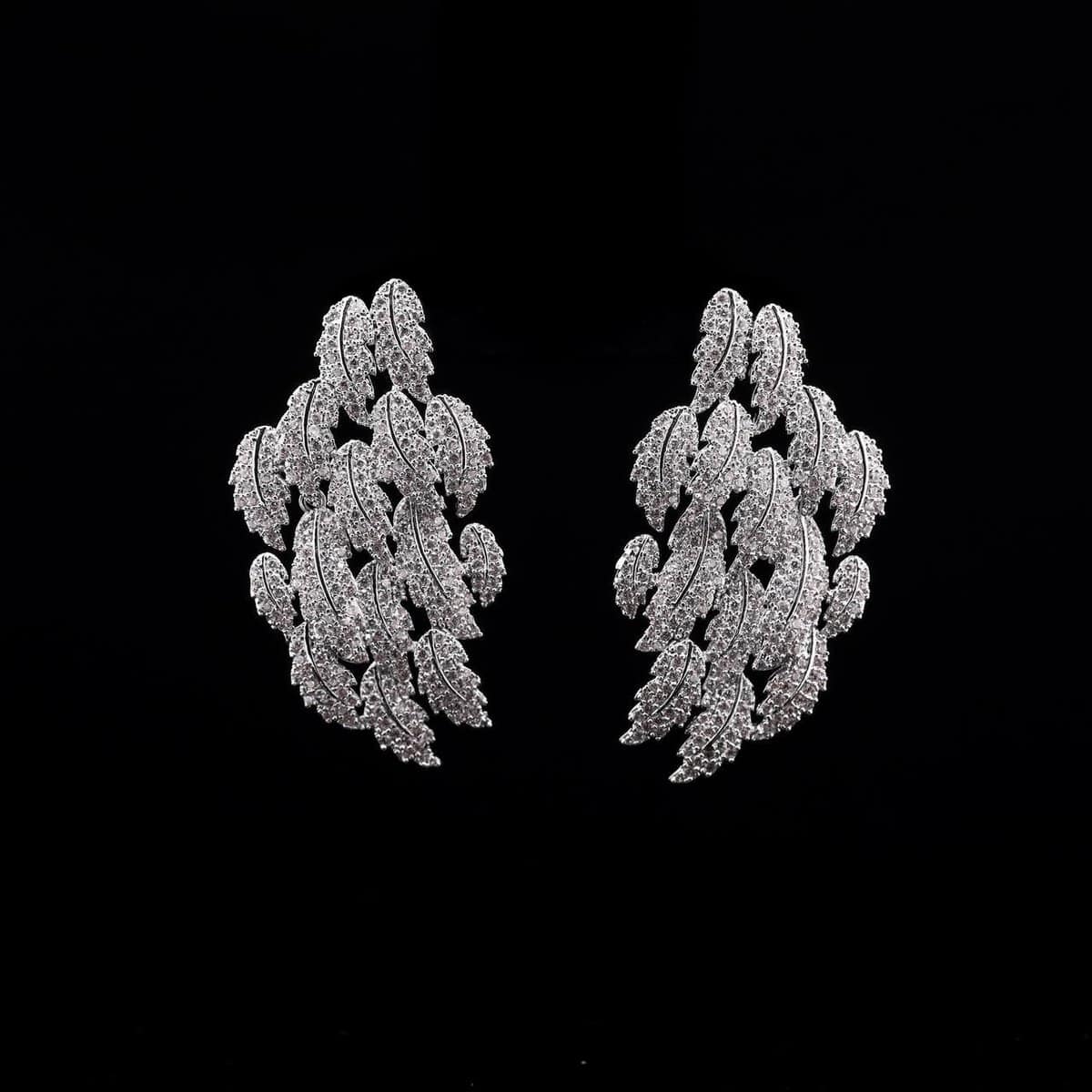 Omnia Ritaj White Leaf Cascade Earrings with Pave-Set High-Quality Zircon Stones in a Gold-Tone Rhodium Plated Finish - OMNIASTORES UAE