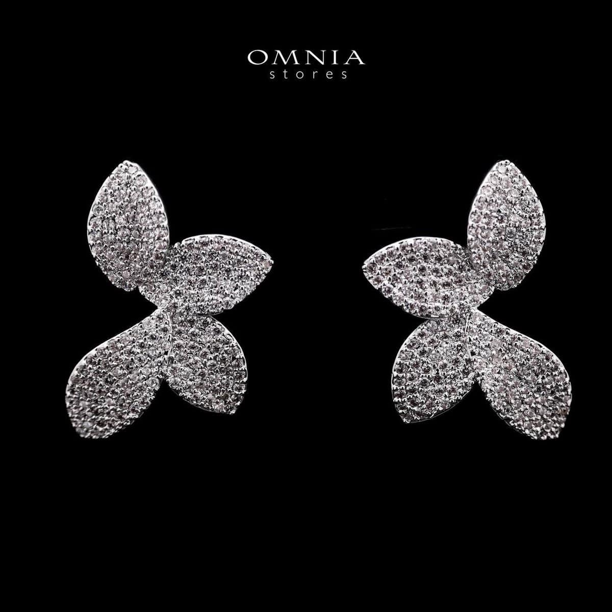 Omnia Rhina White Floral Petal Earrings with Pave-Set High-Quality Zircon Stones in a Rhodium Plated Finish - OMNIASTORES UAE