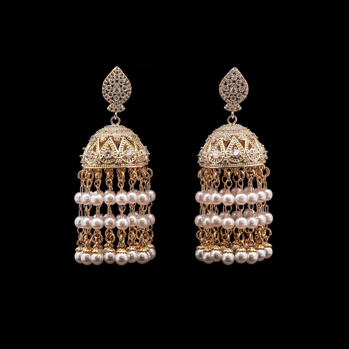 Omnia Safa Gold Earrings with Intricate Filigree Design, Pave-Set High-Quality Zircon Stones, and Layered Pearl Tassels in a Gold-Tone Rhodium Plated Finish - OMNIASTORES UAE