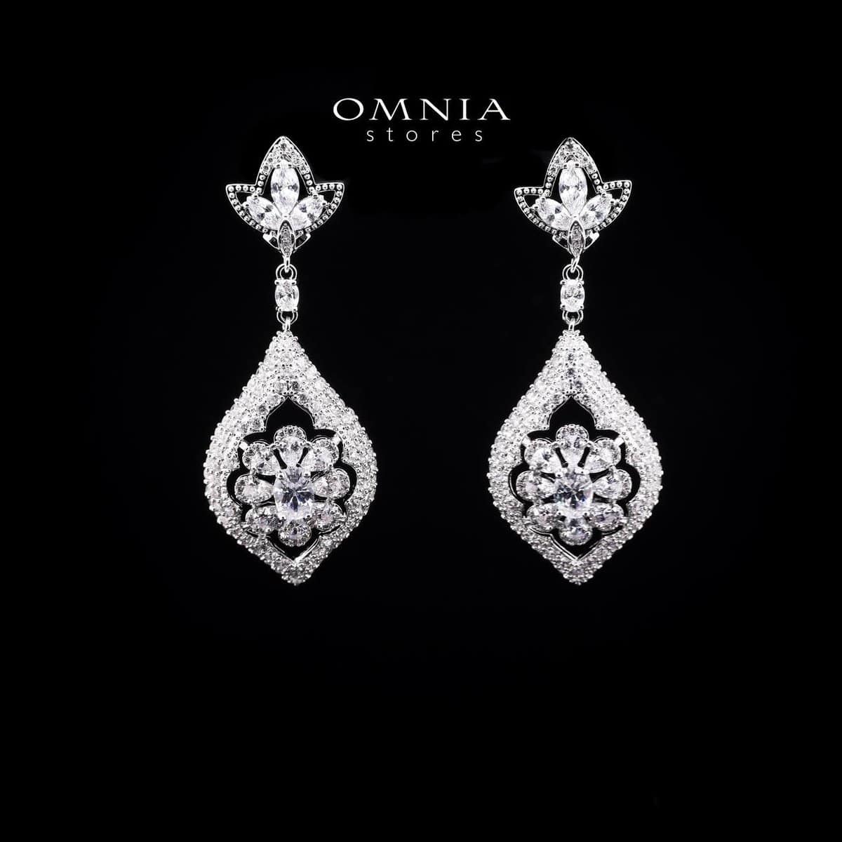 Omnia Floral Drop Earrings with Marquise and Round-Cut High-Quality Simulated Diamonds in a Rhodium Plated Finish - OMNIASTORES UAE