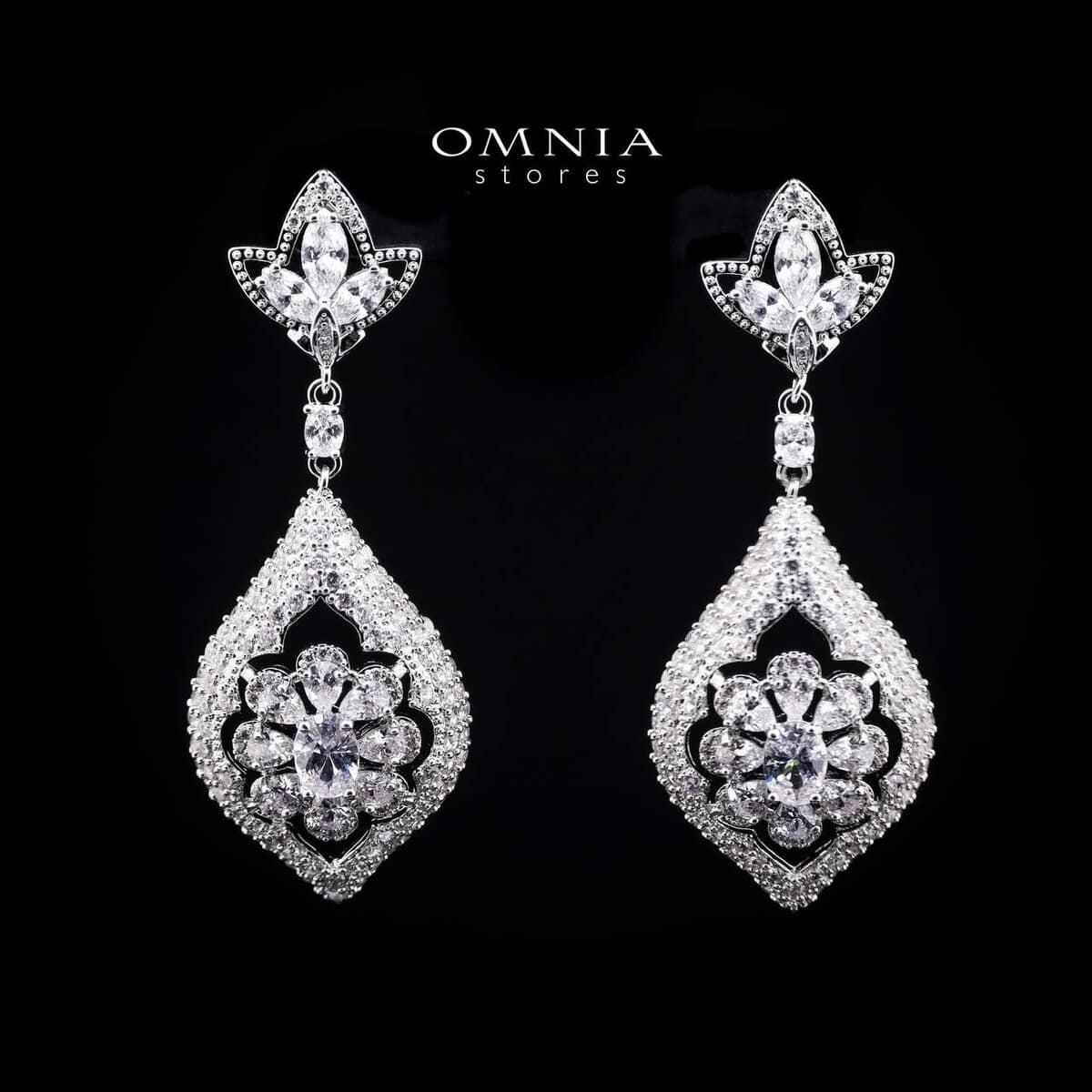 Omnia Floral Drop Earrings with Marquise and Round-Cut High-Quality Simulated Diamonds in a Rhodium Plated Finish - OMNIASTORES UAE