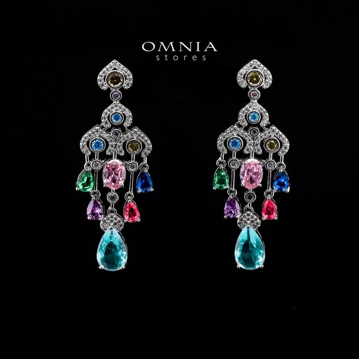 Omnia Multi-Colored Chandelier Earrings with Pear, Oval, and Round-Cut High-Quality Simulated Diamonds in a Rhodium Plated Finish - OMNIASTORES UAE