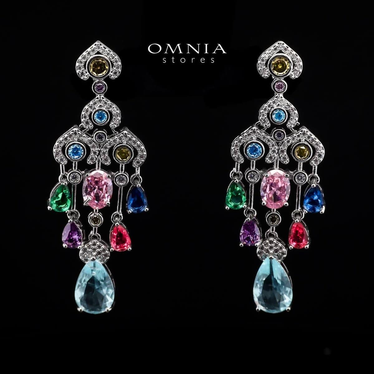 Omnia Multi-Colored Chandelier Earrings with Pear, Oval, and Round-Cut High-Quality Simulated Diamonds in a Rhodium Plated Finish - OMNIASTORES UAE