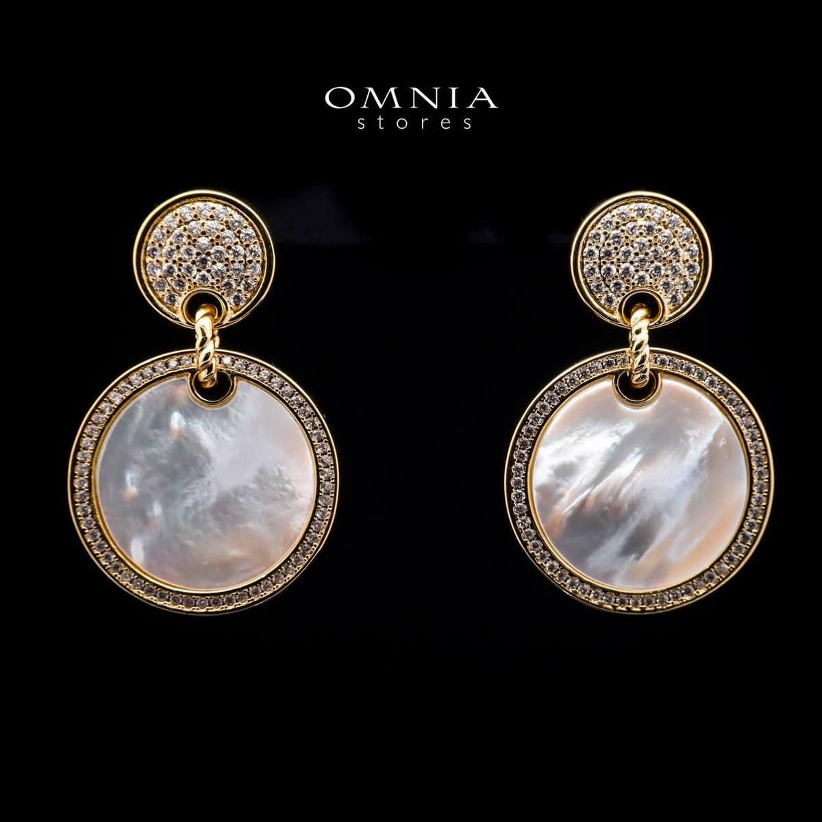 Omnia Zohair Dangle Earrings in Brass Gold Plated with Mother of Pearl - OMNIASTORES UAE