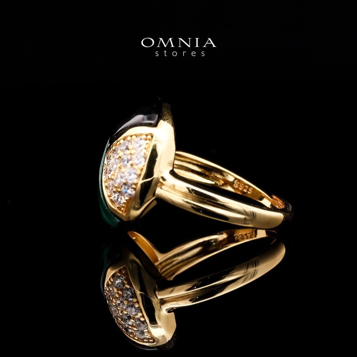 Omnia Selene Malachite and Black Agate Geometric Ring with Zircon Accents in Brass with Gold Plated Finish - OMNIASTORES UAE