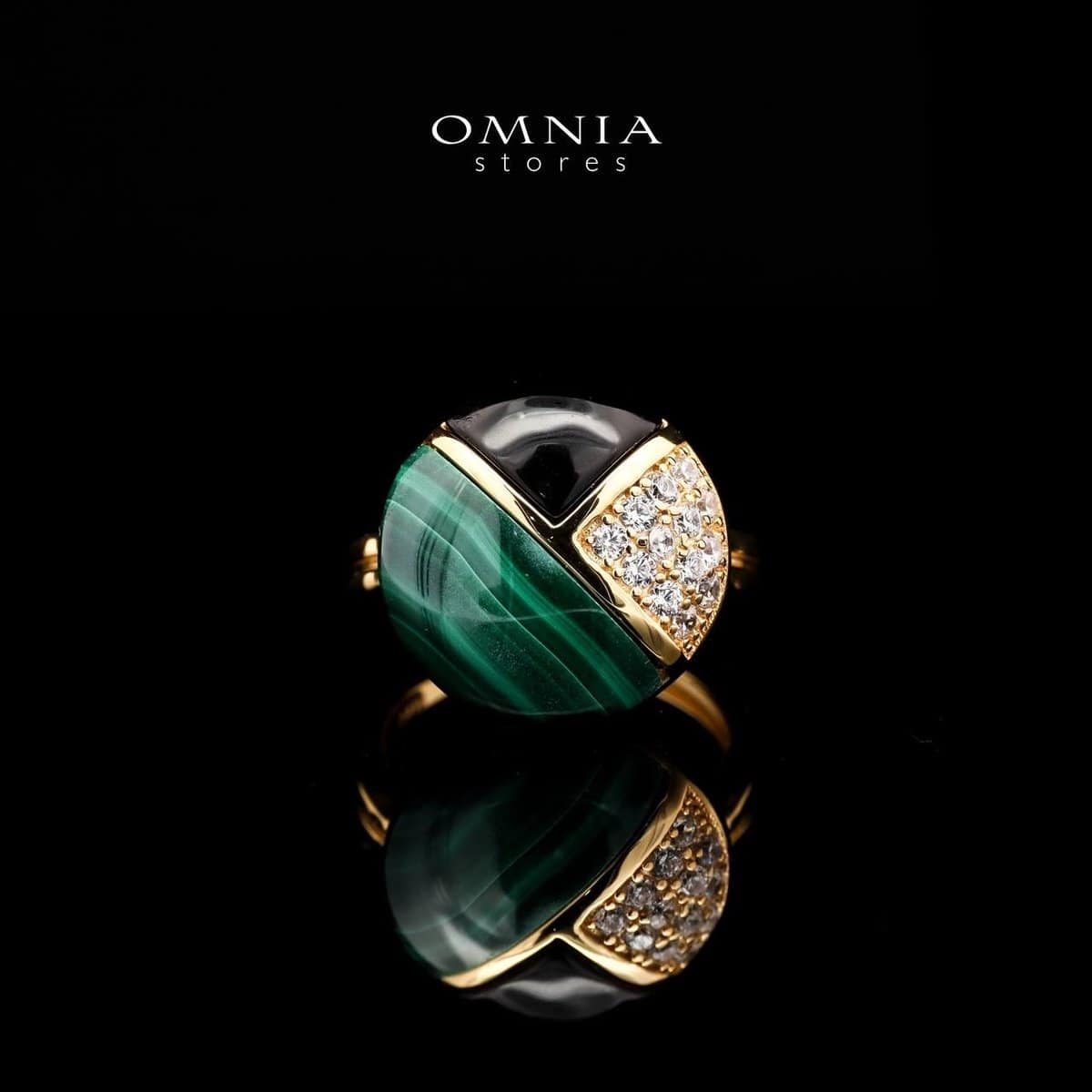 Omnia Selene Malachite and Black Agate Geometric Ring with Zircon Accents in Brass with Gold Plated Finish - OMNIASTORES UAE