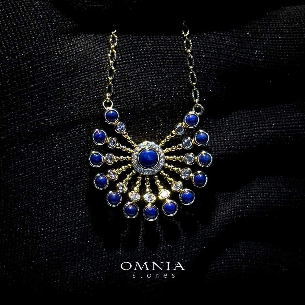 Omnia Layal Sunburst Lapis Pendant Necklace with Beaded Accents in Brass with Gold Plated Finish - OMNIASTORES UAE
