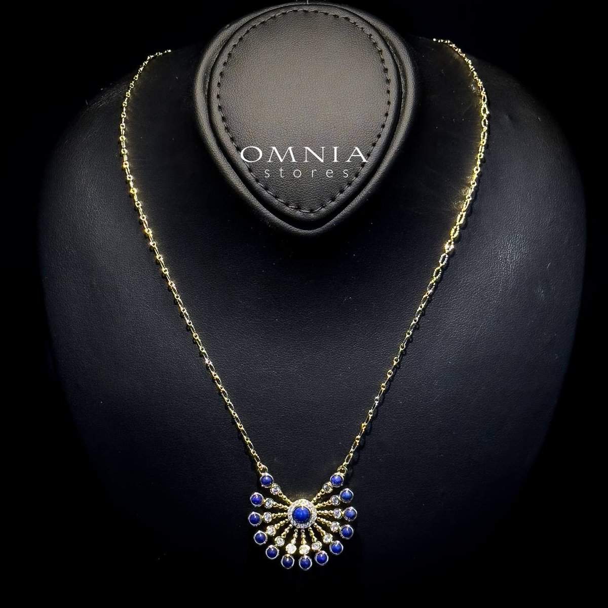 Omnia Layal Sunburst Lapis Pendant Necklace with Beaded Accents in Brass with Gold Plated Finish - OMNIASTORES UAE