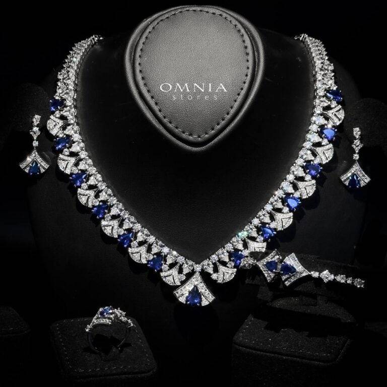 Omnia Elizabeth Sapphire Grace Bridal Full Set with Pear and Round Cut High-Quality Simulated Diamonds and Blue Gemstones in a Luxurious Rhodium Plated Finish - OMNIASTORES UAE