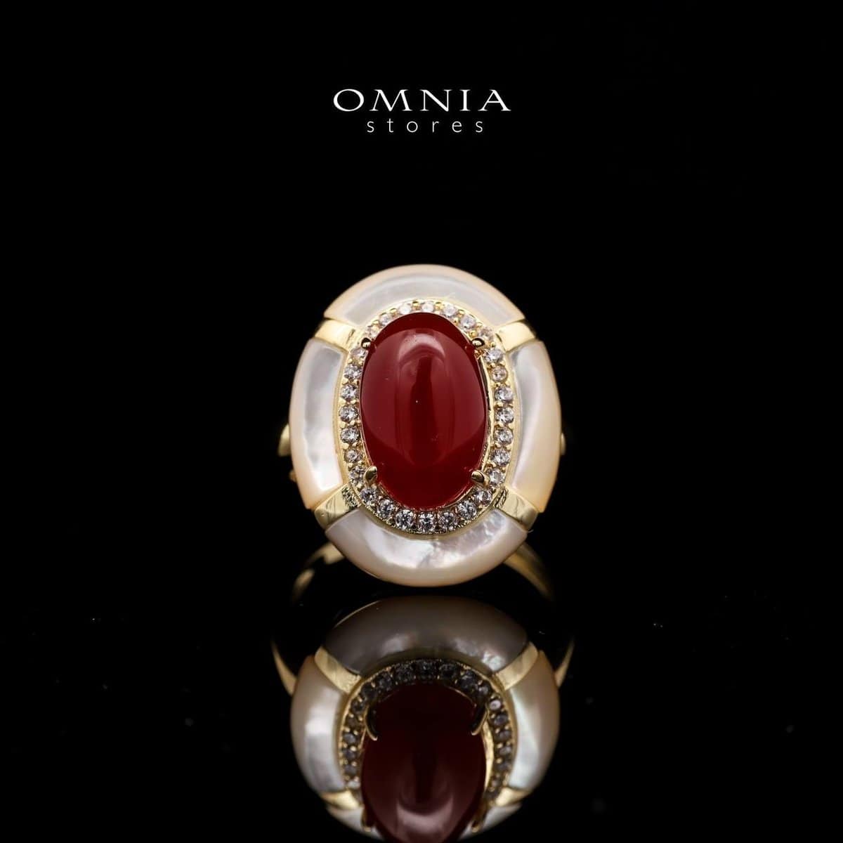 Omnia Ayesha Ring in Brass Gold Plated with White Shell & Red Agate - OMNIASTORES UAE