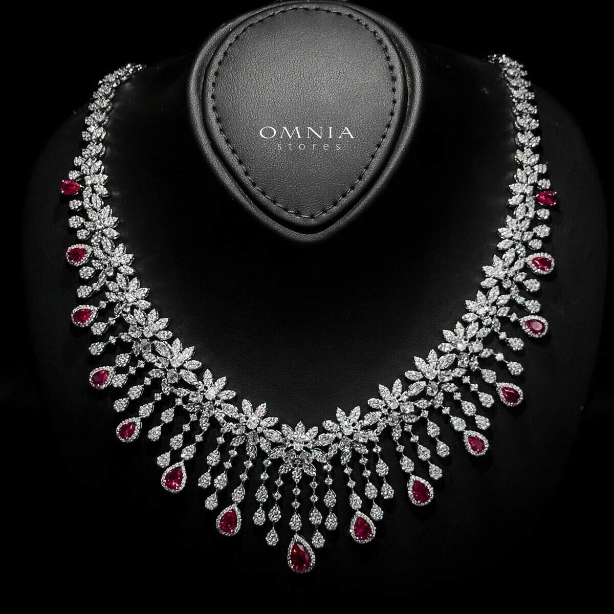 Omnia Anoud Maroon Bridal Full Set with Sparkling Zircon Stones in High-Quality Rhodium Plated Finish - OMNIASTORES UAE