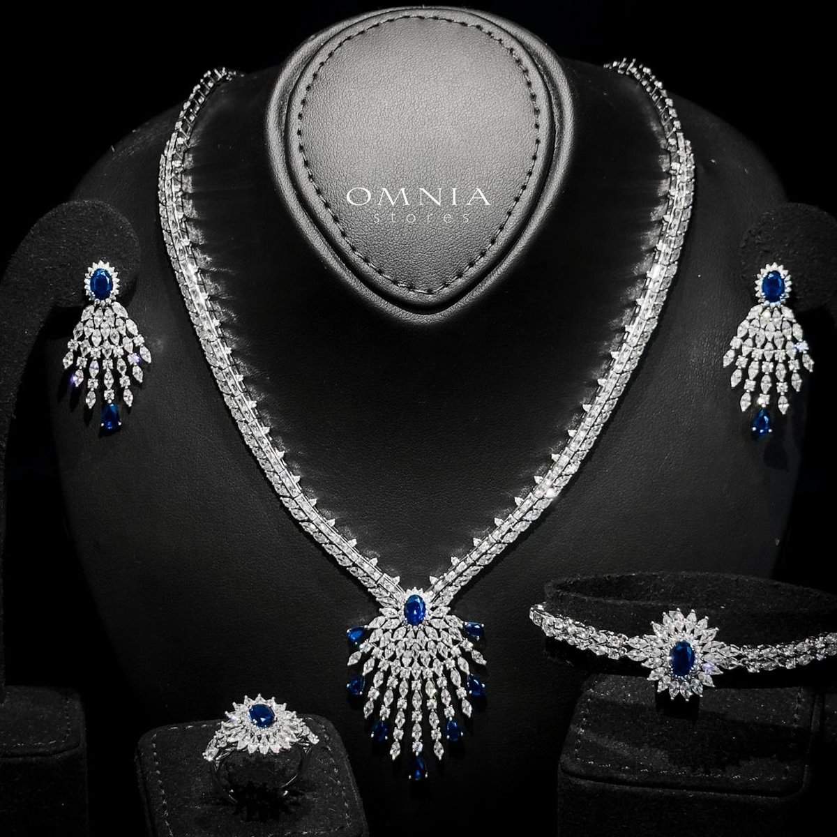 Omnia Asmaa Blue Bridal Full Set with Sparkling Zircon Stones in High-Quality Rhodium Plated Finish - OMNIASTORES UAE