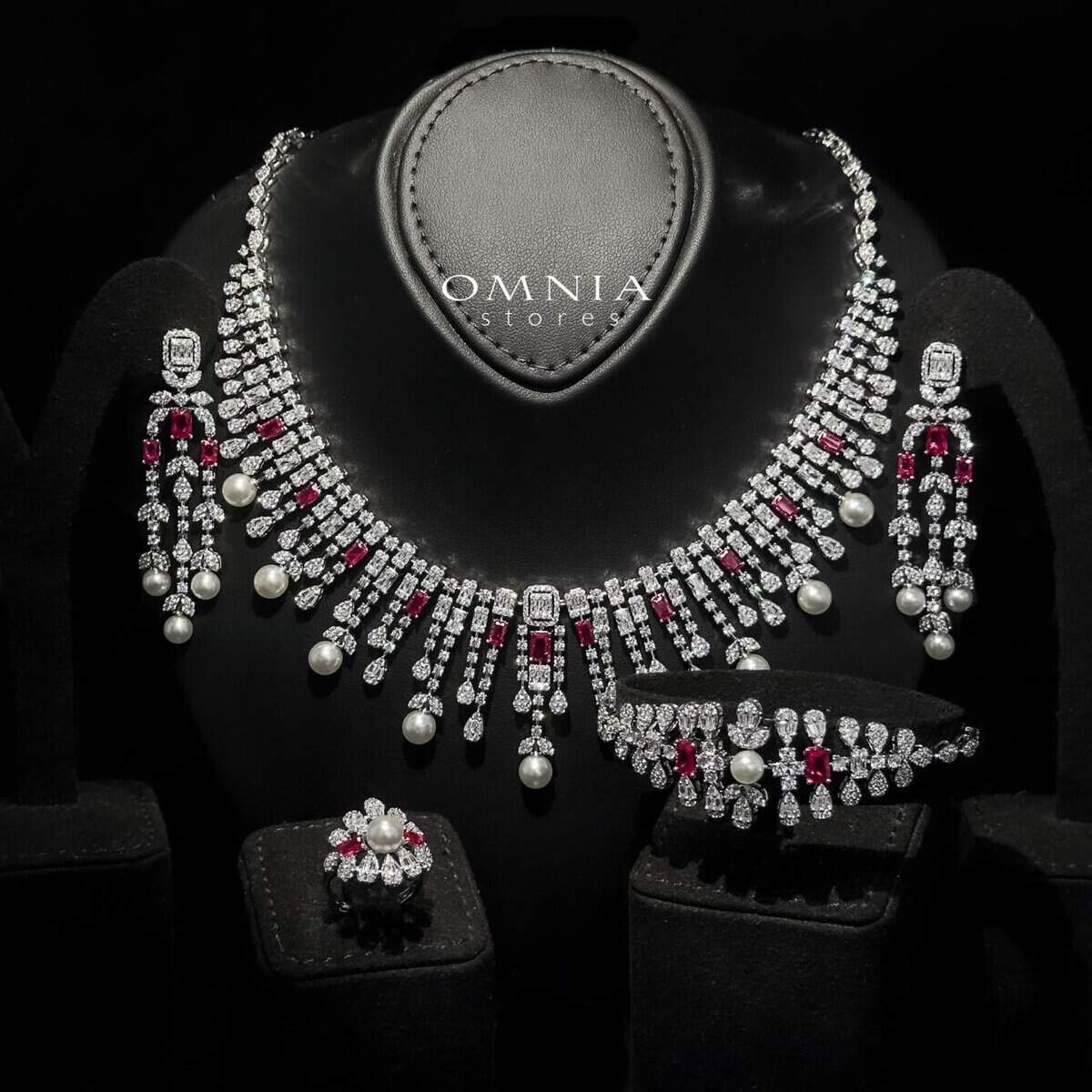 Omnia Sirella Maroon Bridal Full Set with Intricate Cascading Zircon and Pearl Design in High-Quality Rhodium Plated - OMNIASTORES UAE