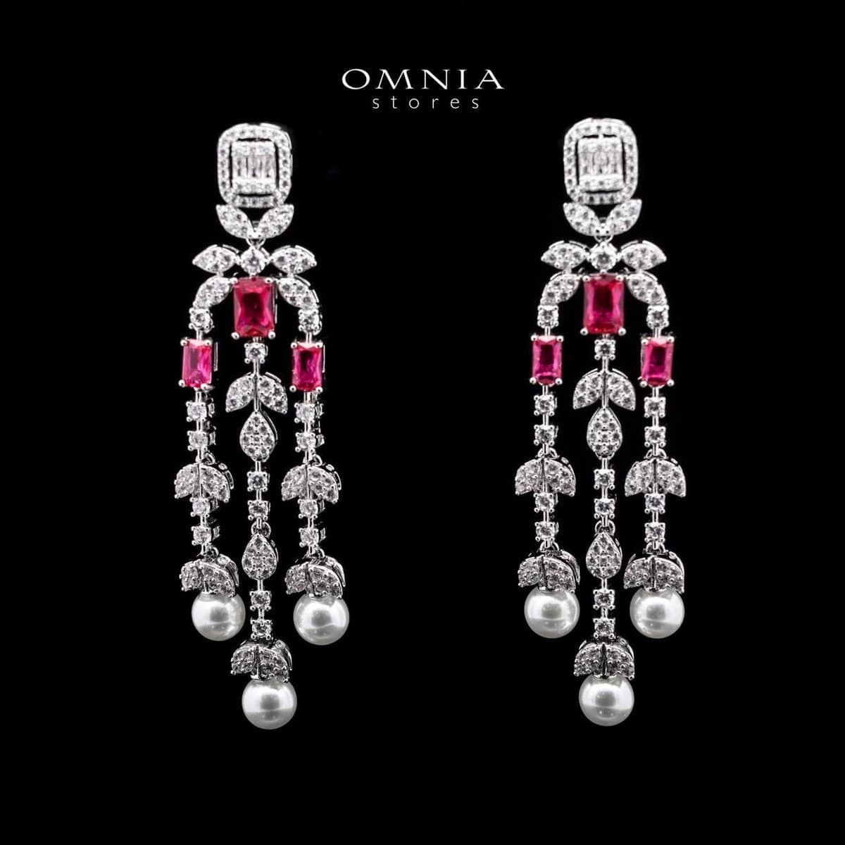 Omnia Sirella Maroon Bridal Full Set with Intricate Cascading Zircon and Pearl Design in High-Quality Rhodium Plated - OMNIASTORES UAE