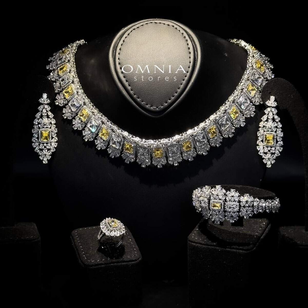 Omnia Avelia Yellow and White Bridal Choker Full Set with Square-Cut Zircon and Floral Accents in High-Quality Rhodium Plated - OMNIASTORES UAE