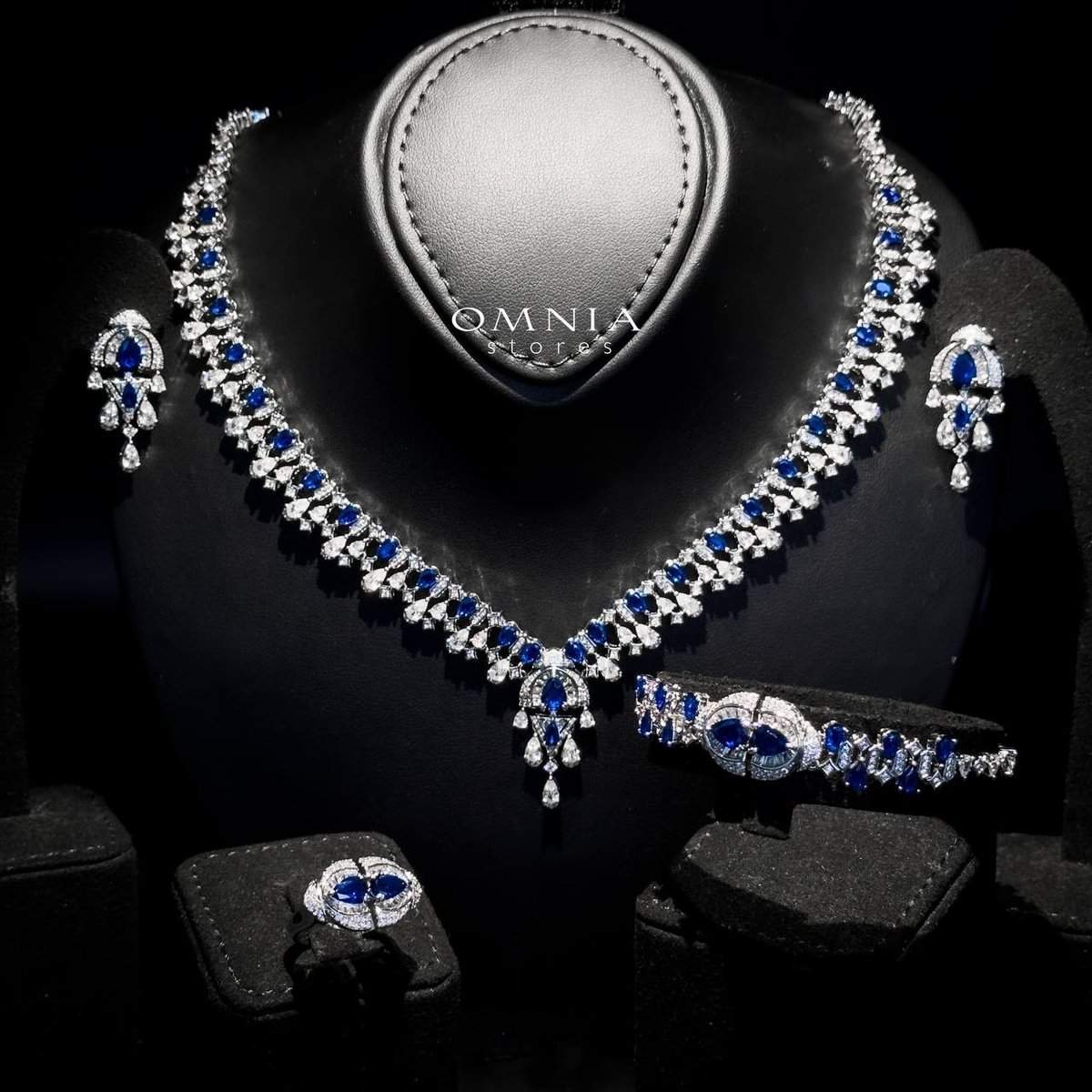 Omnia Rafi Blue Bridal Full Set with Elegant White and Simulated Diamonds in High-Quality Rhodium Plated Finish - OMNIASTORES UAE