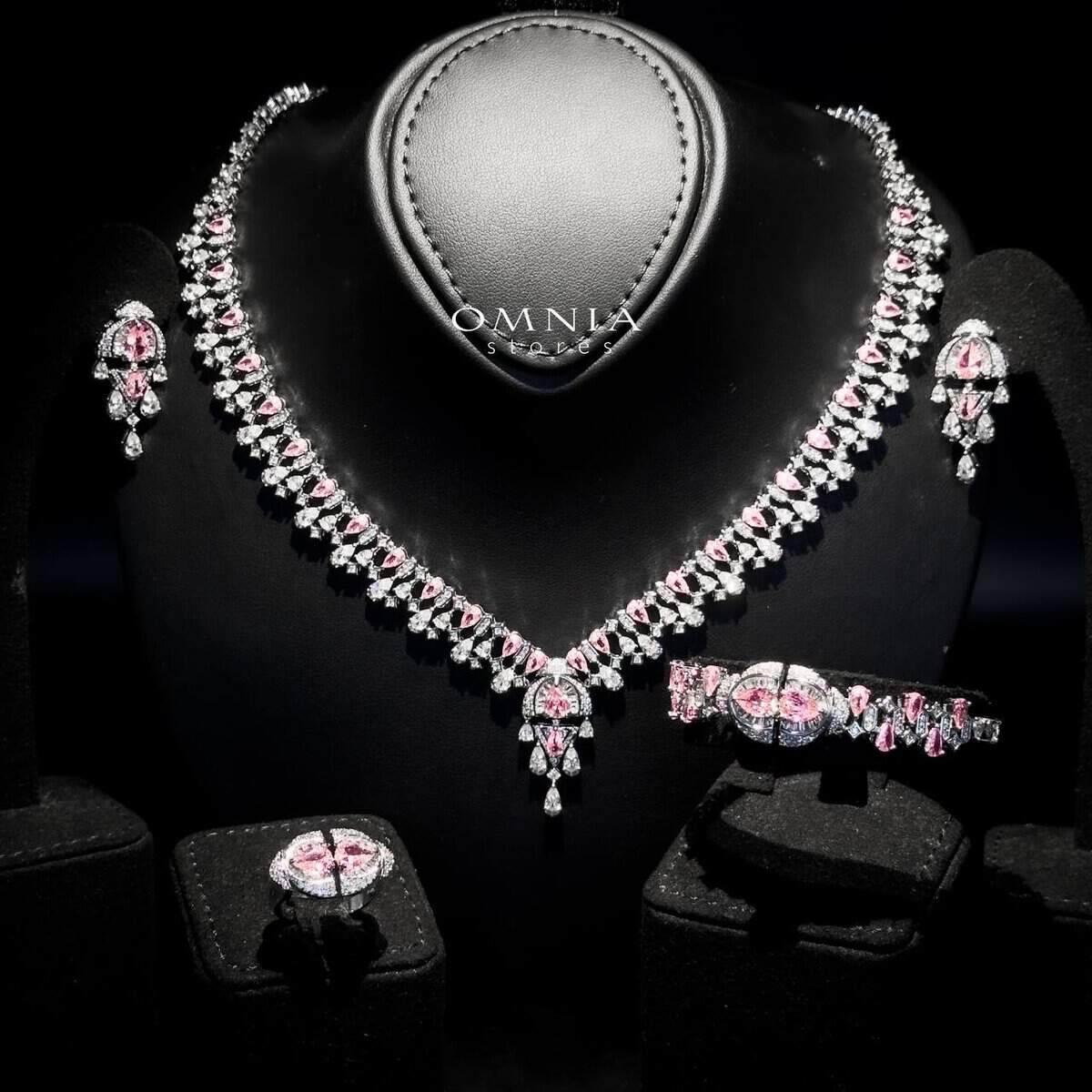 Omnia Rafi Pink Bridal Full Set with Elegant Pink and White Simulated Diamonds in High-Quality Rhodium Plated Finish - OMNIASTORES UAE