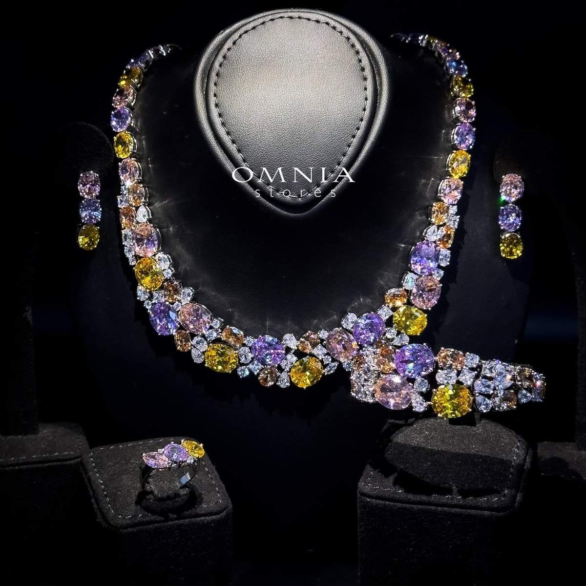 Omnia Artemis Baby Pink Multi-Colored Bridal Set with Round and Oval Cut Simulated Diamonds in High-Quality Rhodium Plated Finish - OMNIASTORES UAE