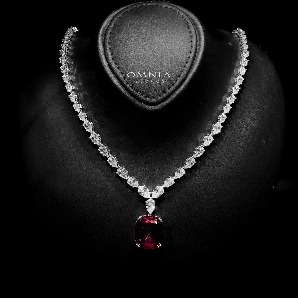 Omnia Audrey Red Bridal Full Set in High Quality Simulated Diamonds with Cushion Cut Stones, Rhodium Plated - OMNIASTORES KSA