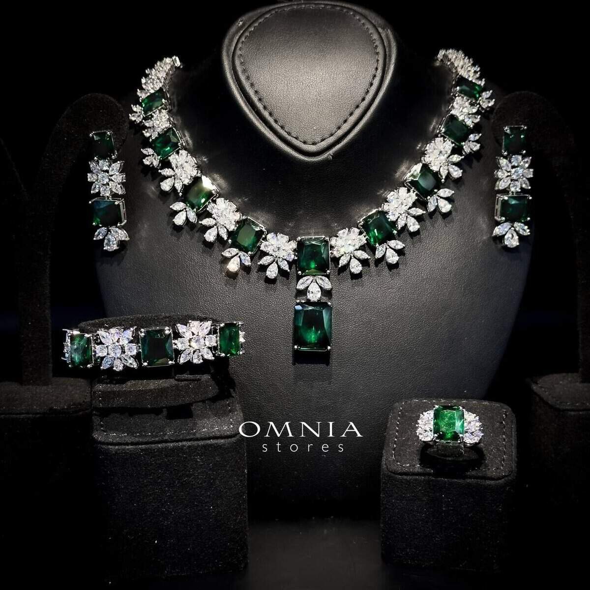 Omnia Charlene Green Bridal Full Set in High Quality Simulated Diamonds with Emerald and Marquise Cut Stones, Rhodium Plated - OMNIASTORES UAE