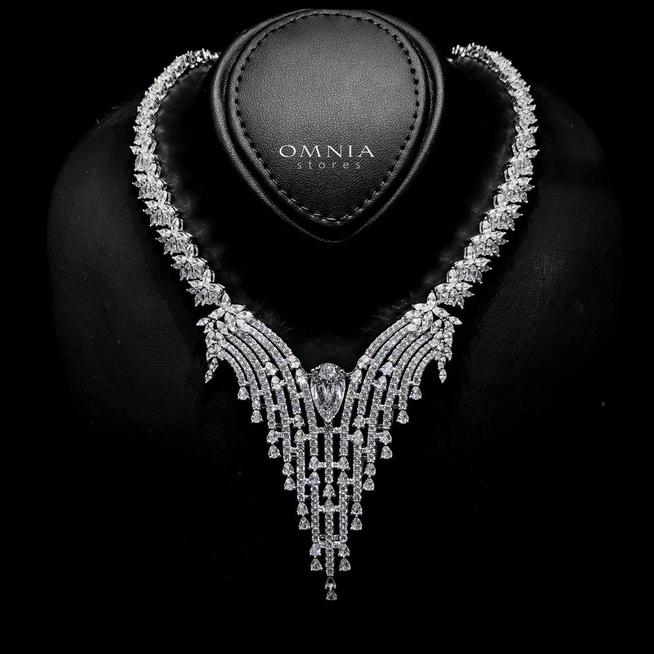 Omnia Abir White Bridal Necklace & Earrings Set in 925 Silver with Pear and Marquise-Cut High-Quality Simulated Diamonds - OMNIASTORES UAE