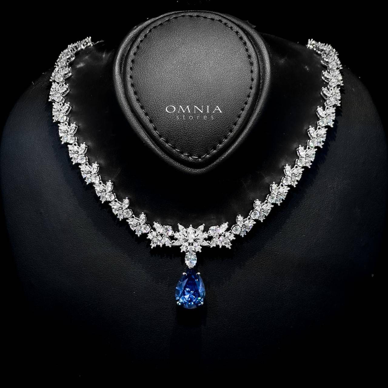 Omnia Vanya Blue Necklace & Earrings Set in 925 Silver with Pear-Cut High-Quality Simulated Diamonds - OMNIASTORES UAE