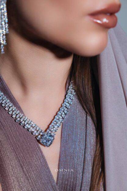 Omnia Adrielle White V-Cut Necklace in 925 Silver with Graduated Pear-Cut High-Quality Simulated Diamonds - OMNIASTORES UAE