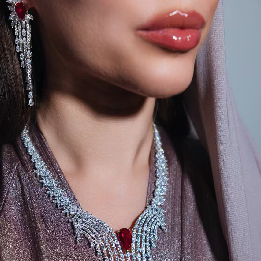 Omnia Abir Maroon Bridal Necklace & Earrings Set in 925 Silver with Pear and Marquise-Cut High-Quality Simulated Diamonds - OMNIASTORES UAE