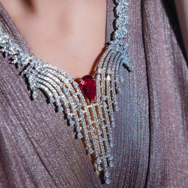 Omnia Abir Maroon Bridal Necklace & Earrings Set in 925 Silver with Pear and Marquise-Cut High-Quality Simulated Diamonds - OMNIASTORES UAE