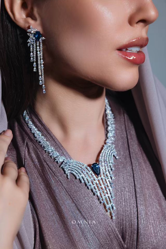 Omnia Abir Blue Bridal Necklace & Earrings Set in 925 Silver with Pear and Marquise-Cut High-Quality Simulated Diamonds - OMNIASTORES UAE