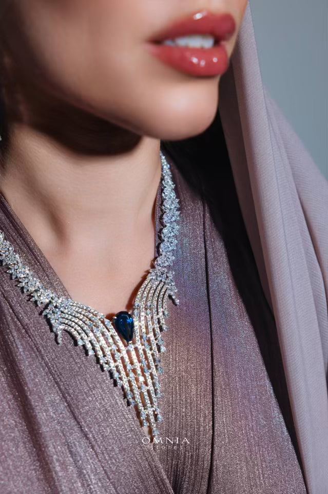 Omnia Abir Blue Bridal Necklace & Earrings Set in 925 Silver with Pear and Marquise-Cut High-Quality Simulated Diamonds - OMNIASTORES UAE
