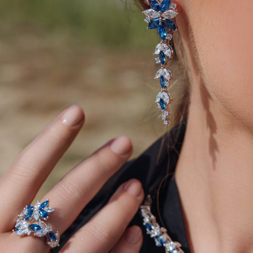 Omnia Abla Blue Bridal Set in 925 Silver with Marquise and Pear-Cut High-Quality Simulated Diamonds - OMNIASTORES UAE