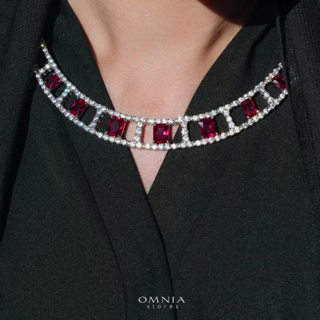 Omnia Alessandra Red Necklace in 925 Silver with Emerald-Cut High-Quality Simulated Diamonds - OMNIASTORES UAE