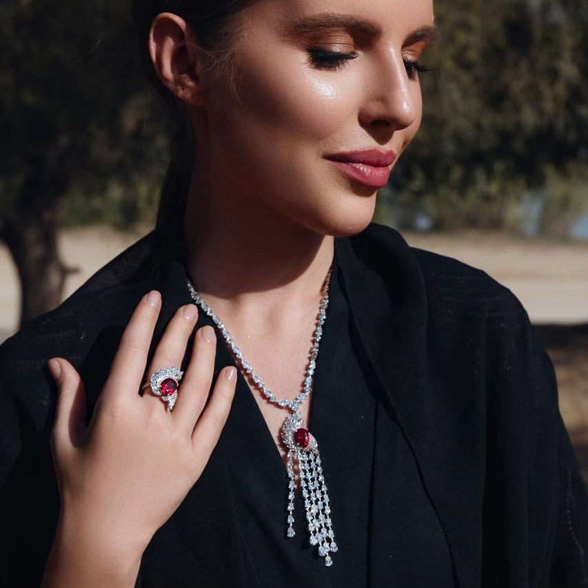 Omnia Bariza Maroon Necklace & Ring Set in 925 Silver with Oval and Marquise-Cut High-Quality Simulated Diamonds - OMNIASTORES UAE